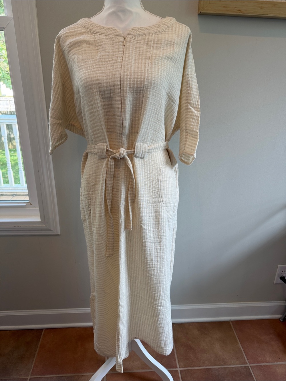 Cream Maxi Waffle-Knit Tie-Waist Dress